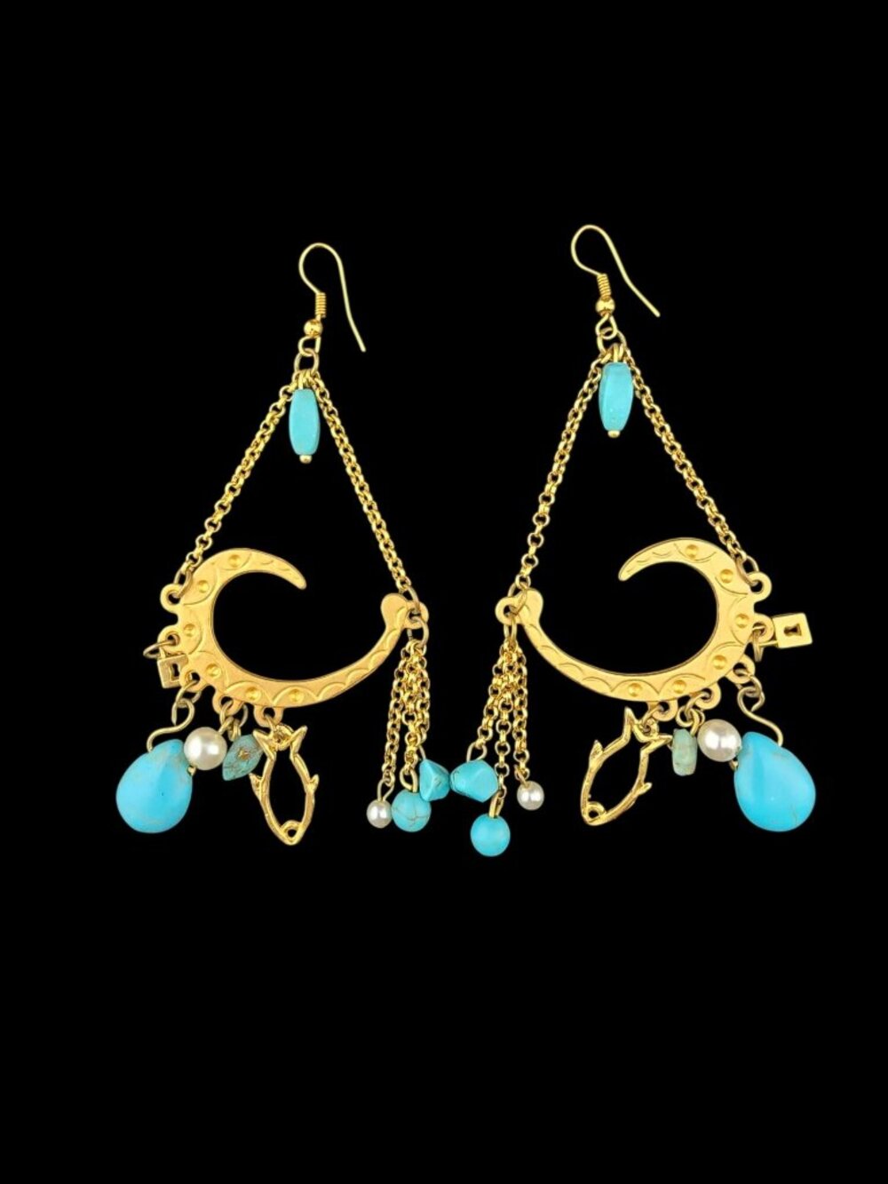 Gold Tone Crescent Moon Dangle Earrings Turquoise & Pearl Boho Chic Statement